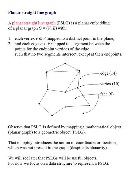 Planar straight line graph A planar straight line graph (PSLG) is a planar embedding of a planar graph G = (V, E) with: 1.each vertex v  V mapped to a.