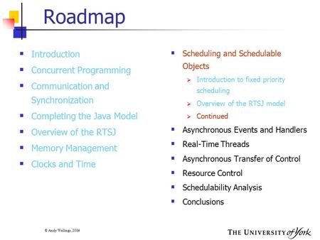 © Andy Wellings, 2004 Roadmap  Introduction  Concurrent Programming  Communication and Synchronization  Completing the Java Model  Overview of the.