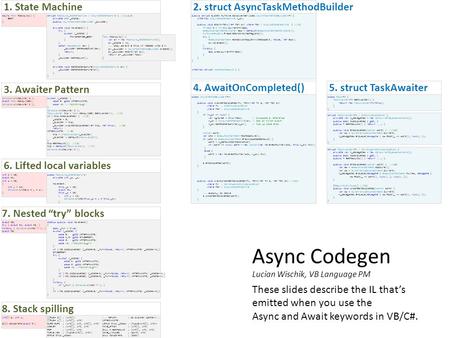 7. Nested “try” blocks 3. Awaiter Pattern struct FooAsync_StateMachine : IAsyncStateMachine { //(1,2,3) private int _state; public AsyncTaskMethodBuilder.