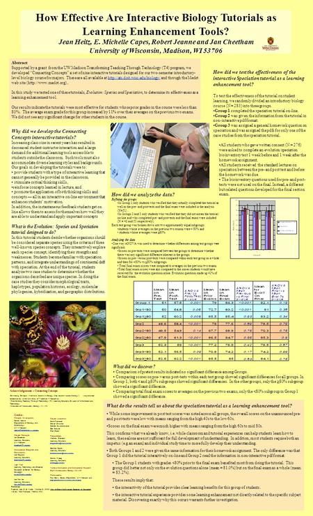 How Effective Are Interactive Biology Tutorials as Learning Enhancement Tools? Jean Heitz, E. Michelle Capes, Robert Jeanne and Jan Cheetham University.