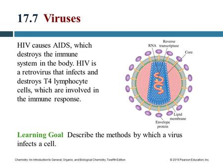 Chemistry: An Introduction to General, Organic, and Biological Chemistry, Twelfth Edition© 2015 Pearson Education, Inc. 17.7 Viruses HIV causes AIDS, which.