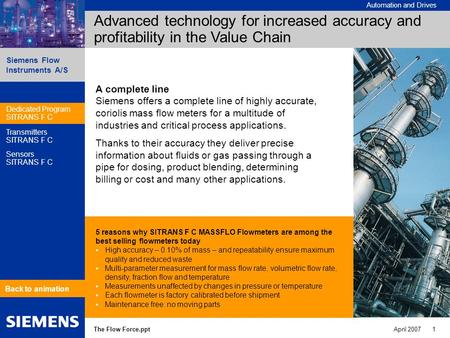 Automation and Drives Siemens Flow Instruments A/S The Flow Force.pptApril 2007 1 Transmitters SITRANS F C Sensors SITRANS F C Dedicated Program SITRANS.