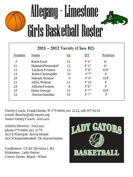 NumberName GrHTPosition 5Katie Scott115’4” G 11Hannah Phearsdorf125’2” G 13 Lindsey Forness 12 5’8” G/F 14 Katie Christopher 10 5’7” F 20Mariah Monroe.