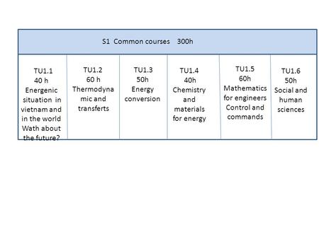 S TT S1 Common courses 300h TU1.1 40 h Energenic situation in vietnam and in the world Wath about the future? TU1.2 60 h Thermodyna mic and transferts.