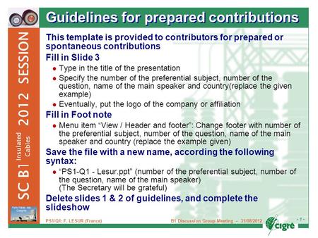 B1 Discussion Group Meeting – 31/08/2012 - 1 - Paris Palais des Congrès 2012 SESSION SC B1 Insulated Cables PS1/Q1: F. LESUR (France) Guidelines for prepared.