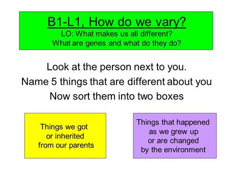 B1-L1, How do we vary? LO: What makes us all different? What are genes and what do they do? Look at the person next to you. Name 5 things that are different.