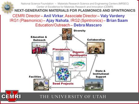 CEMRI Director – Anil Virkar, Associate Director – Valy Vardeny IRG1 (Plasmonics) – Ajay Nahata, IRG2 (Spintronics) – Brian Saam Education/Outreach – Debra.