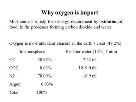 Why oxygen is import Most animals satisfy their energy requirement by oxidation of food, in the processes forming carbon dioxide and water Oxygen is most.