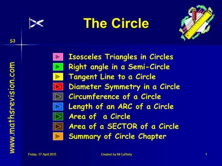 S3 Friday, 17 April 2015Friday, 17 April 2015Friday, 17 April 2015Friday, 17 April 2015Created by Mr Lafferty1 Isosceles Triangles in Circles Right angle.