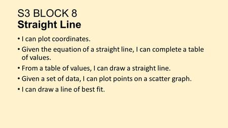 I can plot coordinates. Given the equation of a straight line, I can complete a table of values. From a table of values, I can draw a straight line. Given.