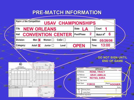 1 PRE-MATCH INFORMATION USAV CHAMPIONSHIPS NEW ORLEANSLA1 CONVENTION CENTER 2 6 x x OPEN 05/26/06 13 00 RENE, TRACY REYNA, SARA GRAY, AMELIA HOOSIER FORCE.