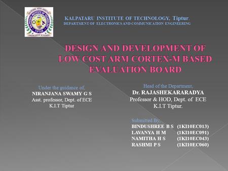 Submitted By, BINDUSHREE B S(1KI10EC013) LAVANYA H M(1KI10EC091) NAMITHA H S(1KI10EC043) RASHMI P S(1KI10EC060) Head of the Department, Dr. RAJASHEKARARADYA.