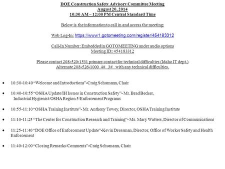 DOE Construction Safety Advisory Committee Meeting August 20, 2014