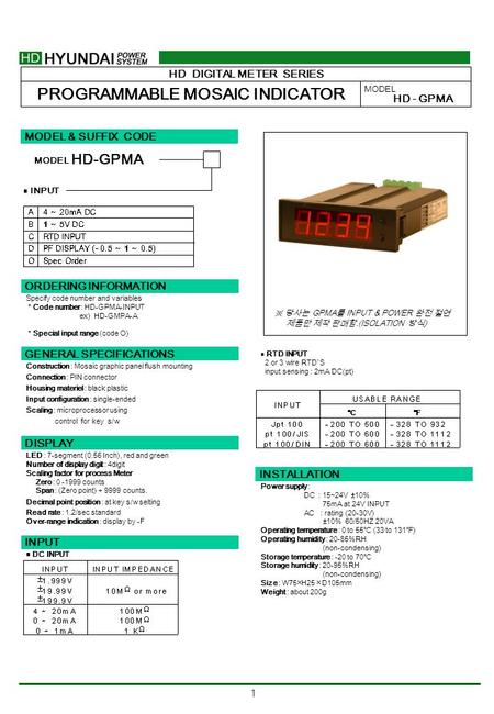 1 ■ RTD INPUT 2 or 3 wire RTD ’ S input sensing : 2mA DC(pt) MODEL & SUFFIX CODE HD-GPMA MODEL ORDERING INFORMATION Specify code number and variables *