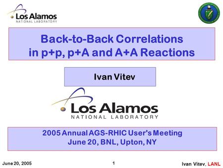 June 20, 2005 1 Back-to-Back Correlations in p+p, p+A and A+A Reactions 2005 Annual AGS-RHIC User's Meeting June 20, BNL, Upton, NY Ivan Vitev, LANL Ivan.