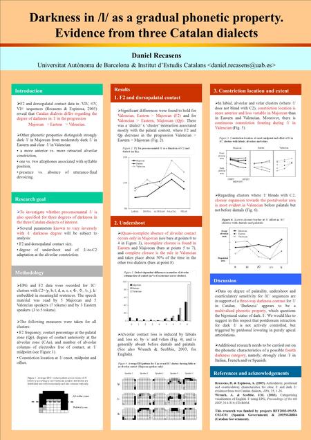 Darkness in /l/ as a gradual phonetic property. Evidence from three Catalan dialects Daniel Recasens Universitat Autònoma de Barcelona & Institut d’Estudis.