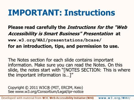 Developed with material from W3C Web Accessibility Initiative (WAI) www.w3.org/WAI/ IMPORTANT: Instructions Please read carefully the Instructions for.