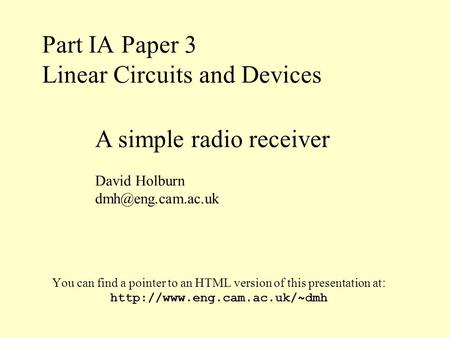 Part IA Paper 3 Linear Circuits and Devices