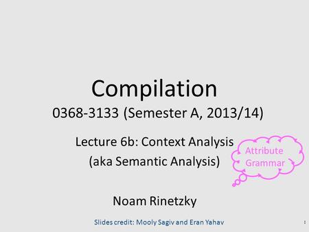 Compilation 0368-3133 (Semester A, 2013/14) Lecture 6b: Context Analysis (aka Semantic Analysis) Noam Rinetzky 1 Slides credit: Mooly Sagiv and Eran Yahav.