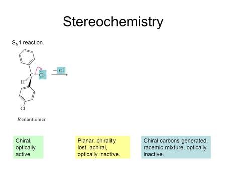 Stereochemistry SN1 reaction. Chiral, optically active.