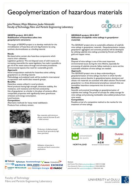 GEOPO-project, 2012-2015 Stabilization of hazardous ashes into geopolymeric structures The target of GEOPO-project is to develop methods for the immobilization.