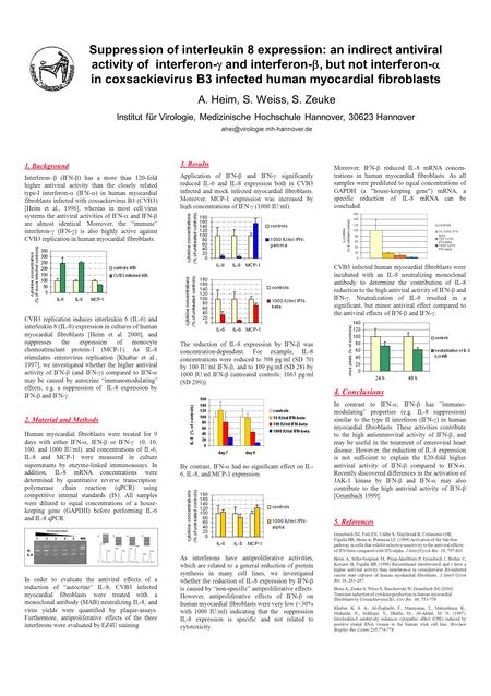 3. Results Application of IFN-  and IFN-  significantly reduced IL-6 and IL-8 expression both in CVB3 infected and mock infected myocardial fibroblasts.