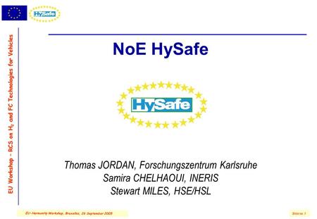 EU Workshop – RCS on H 2 and FC Technologies for Vehicles Slide no. 1 EU-HarmonHy Workshop, Bruxelles, 26 September 2005 NoE HySafe Thomas JORDAN, Forschungszentrum.