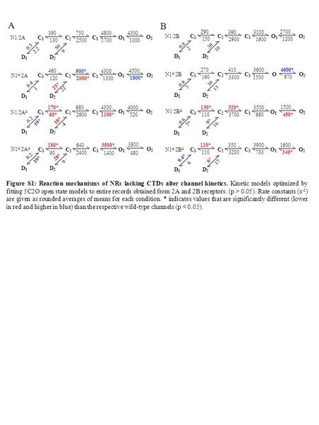 Figure S1: Reaction mechanisms of NRs lacking CTDs alter channel kinetics. Kinetic models optimized by fitting 5C2O open state models to entire records.