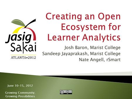 June 10-15, 2012 Growing Community; Growing Possibilities Josh Baron, Marist College Sandeep Jayaprakash, Marist College Nate Angell, rSmart.