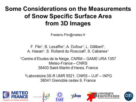 1 Some Considerations on the Measurements of Snow Specific Surface Area from 3D Images F. Flin 1, B. Lesaffre 1, A. Dufour 1, L. Gillibert 1, A. Hasan.