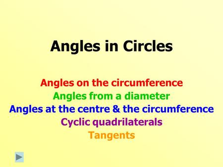 Angles in Circles Angles on the circumference Angles from a diameter