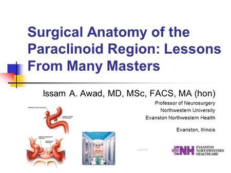 Surgical Anatomy of the Paraclinoid Region: Lessons From Many Masters Issam A. Awad, MD, MSc, FACS, MA (hon) Professor of Neurosurgery Northwestern University.