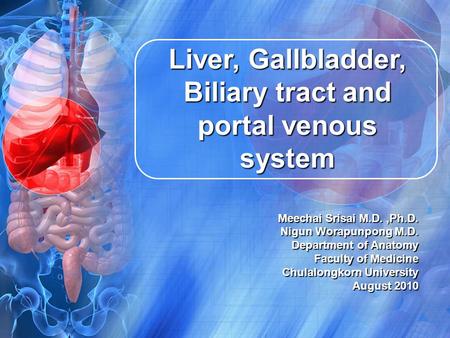 Meechai Srisai M.D.,Ph.D. Nigun Worapunpong M.D. Department of Anatomy Faculty of Medicine Chulalongkorn University August 2010 Liver, Gallbladder, Biliary.