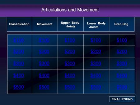 Articulations and Movement $100 $200 $300 $400 $500 $100$100$100 $200 $300 $400 $500 Classification FINAL ROUND Movement Upper Body Joints Lower Body Joints.