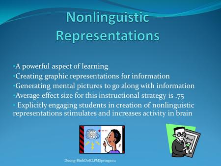 A powerful aspect of learning Creating graphic representations for information Generating mental pictures to go along with information Average effect size.