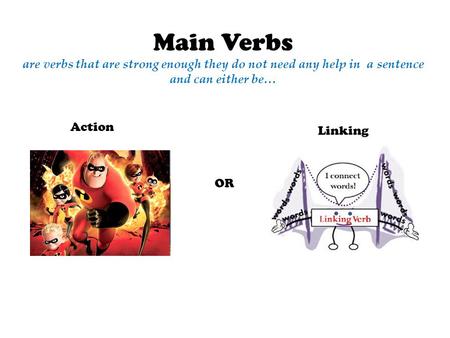 Main Verbs are verbs that are strong enough they do not need any help in a sentence and can either be… Action Linking OR.