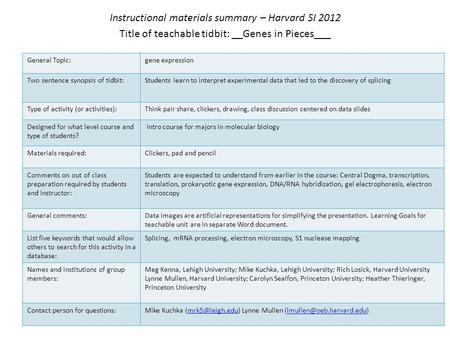 Instructional materials summary – Harvard SI 2012 Title of teachable tidbit: __Genes in Pieces___ General Topic:gene expression Two sentence synopsis of.