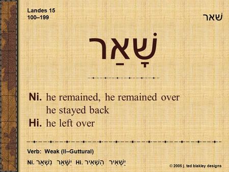 © 2005 j. ted blakley designs שָׁאַר Ni.he remained, he remained over he stayed back Hi.he left over Landes 15 100–199 Verb: Weak (II–Guttural) Ni. יִשָּׁאֵר.