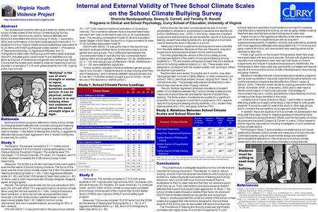 Abstract Two studies examined the internal and external validity of three school climate scales on the School Climate Bullying Survey (SCBS), a self–report.