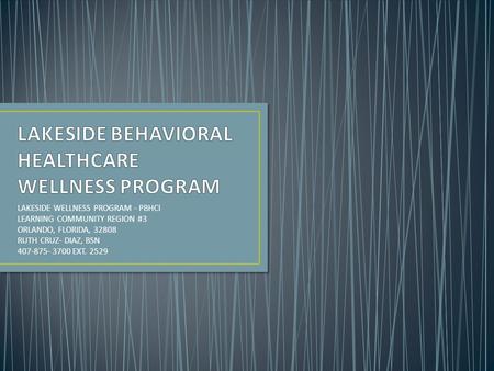 LAKESIDE WELLNESS PROGRAM - PBHCI LEARNING COMMUNITY REGION #3 ORLANDO, FLORIDA, 32808 RUTH CRUZ- DIAZ, BSN 407-875- 3700 EXT. 2529.