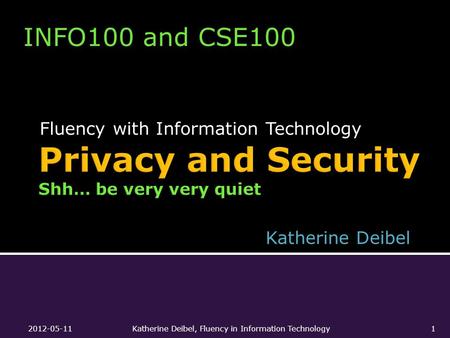 Fluency with Information Technology INFO100 and CSE100 Katherine Deibel 2012-05-11Katherine Deibel, Fluency in Information Technology1.