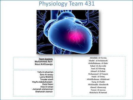 Physiology Team 431 Abdullah Al-Towim Khalid Al Mohaimedi AbdulRahman Al-Bakr Fahad Al-showishi Saad Al-Mdemig Ahmad Al-Zuhair Mohammed Al Numeir Majid.