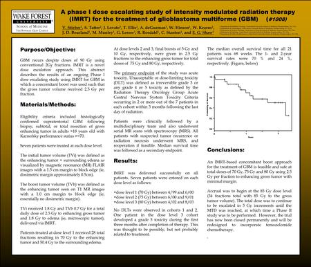 A phase I dose escalating study of intensity modulated radiation therapy (IMRT) for the treatment of glioblastoma multiforme (GBM) ( #1008) V. Stieber.