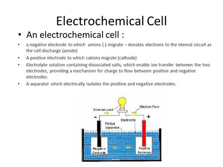 Electrochemical Cell An electrochemical cell : a negative electrode to which anions (-) migrate – donates electrons to the eternal circuit as the cell.