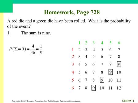 Copyright © 2007 Pearson Education, Inc. Publishing as Pearson Addison-Wesley Slide 9- 1 Homework, Page 728 A red die and a green die have been rolled.