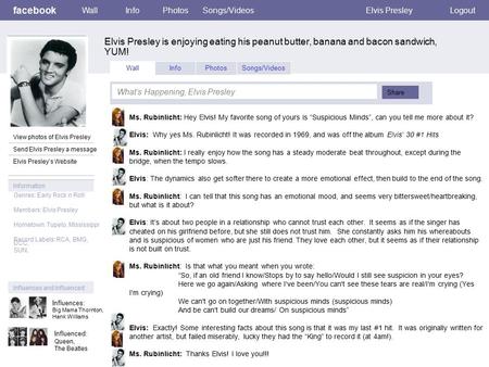 Facebook WallInfoPhotosSongs/VideosElvis PresleyLogout View photos of Elvis Presley Send Elvis Presley a message Elvis Presley’s Website Wall InfoPhotosSongs/Videos.