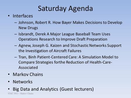 Saturday Agenda Interfaces – Johnson, Robert R. How Bayer Makes Decisions to Develop New Drugs – Isbrandt, Derek A Major League Baseball Team Uses Operations.