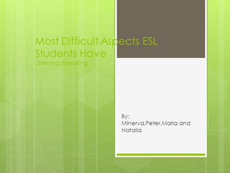 Most Difficult Aspects ESL Students Have Listening/Speaking By: Minerva,Peter,Maria and Natalia.