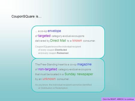 CouponSQuare is…... a co-op envelope of targeted category-exclusive coupons delivered by Direct Mail to a known consumer. CouponSQuare knows the individual.