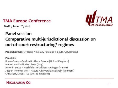 1 N IKOLAUS & C O. Panel session Comparative multi-jurisdictional discussion on out-of-court restructuring/ regimes Panel chairman: Dr Frank Nikolaus,